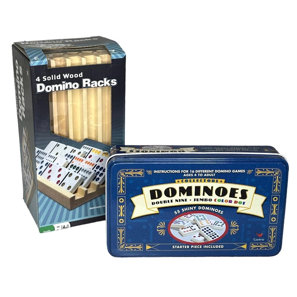 Jumbo Dominoes Double Nine 55pc Color Dot w/ 4 Wooden Dominoe Racks New Box